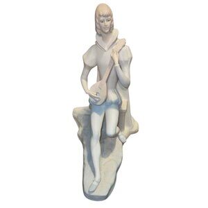 Vintage Figurine Porceval Porcelain Renaissance Musician Playing Lute White 12"